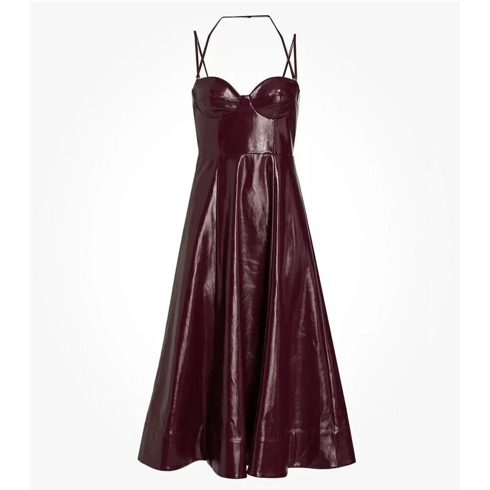 Staud Women Abstract Plum Burgundy Corset Faux Leather Midi Dress